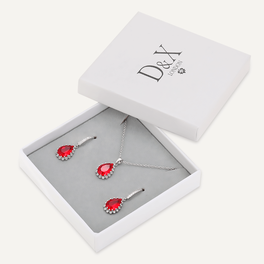 Boxed Red Crystal Jewellery Set In Silver-Tone