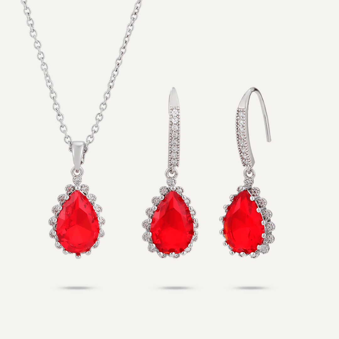 Boxed Red Crystal Jewellery Set In Silver-Tone