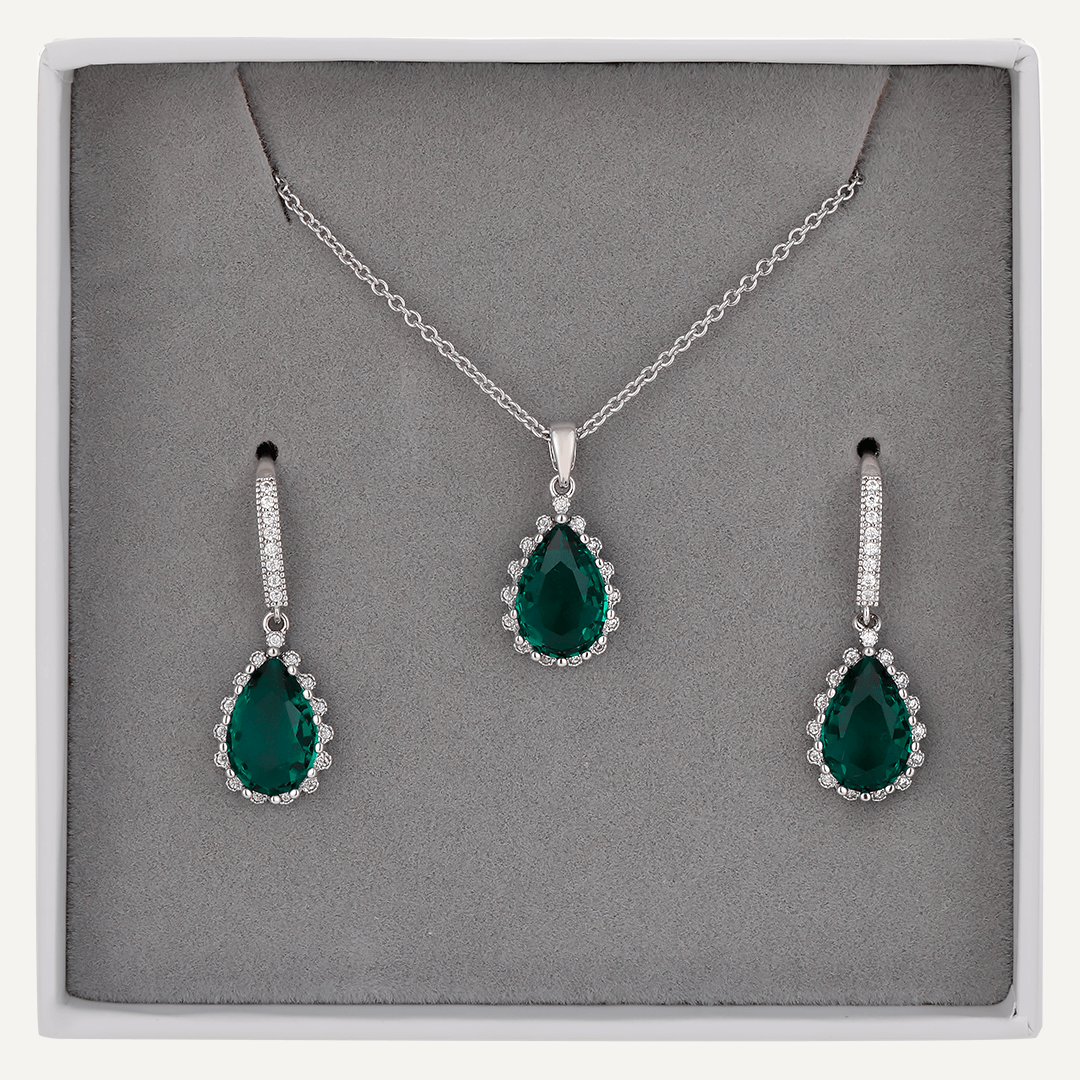 Boxed Green Crystal Jewellery Set In Silver-Tone