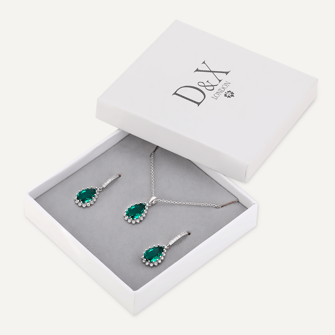 Boxed Green Crystal Jewellery Set In Silver-Tone