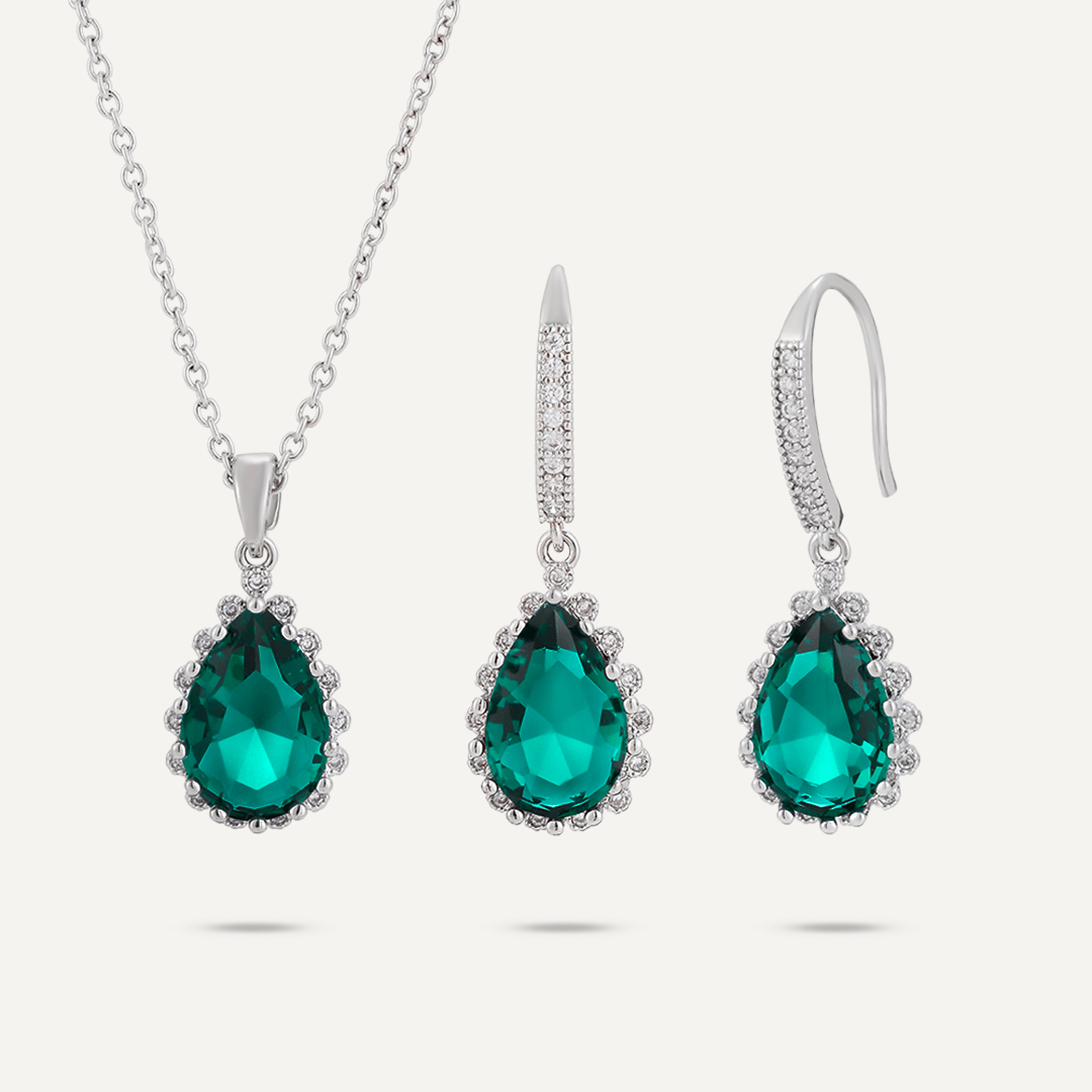 Boxed Green Crystal Jewellery Set In Silver-Tone