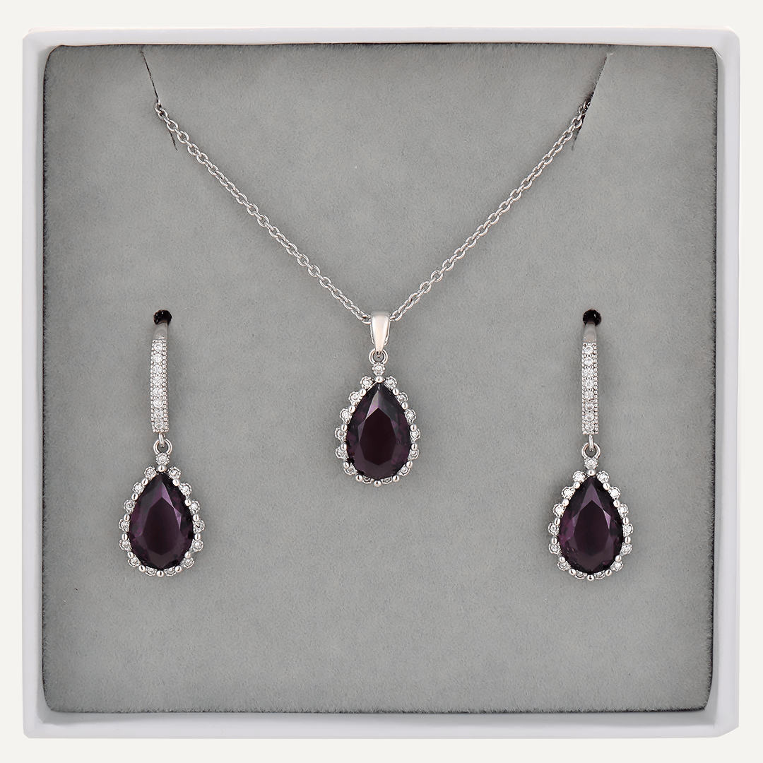 Boxed Purple Crystal Jewellery Set In Silver-Tone