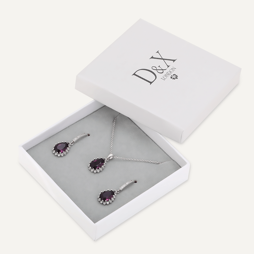 Boxed Purple Crystal Jewellery Set In Silver-Tone