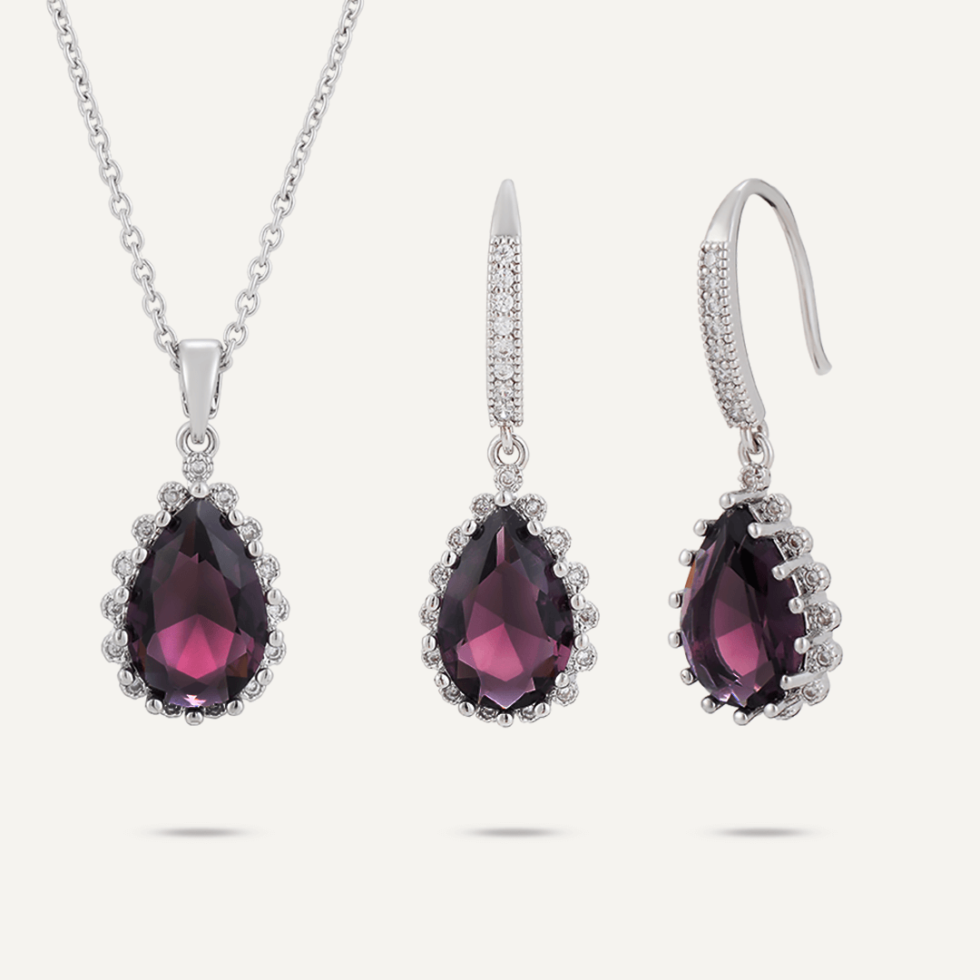 Boxed Purple Crystal Jewellery Set In Silver-Tone