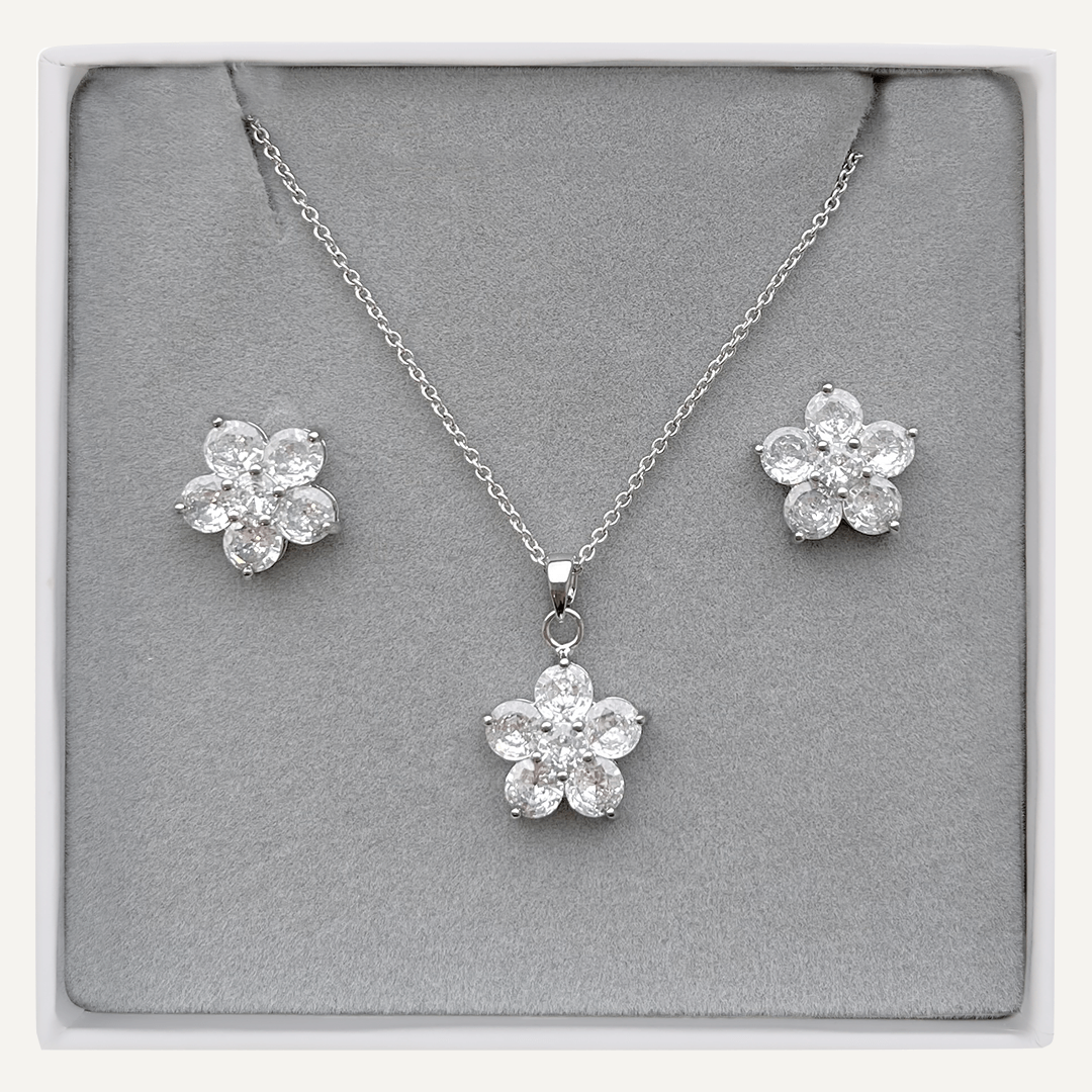 Floral Crystal Jewellery Set In Silver-Tone