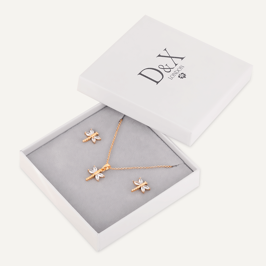 Dragonfly Crystal & Cubic Zirconia Boxed Set In Gold-Tone