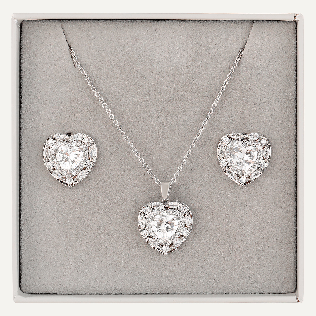 Heart Crystal & Cubic Zirconia Boxed Set In Silver-Tone