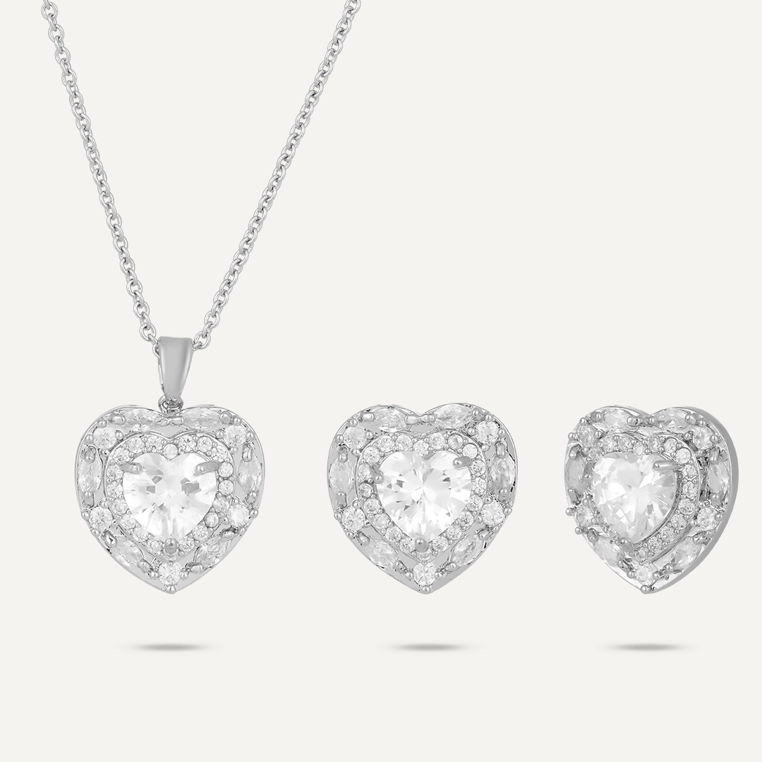 Heart Crystal & Cubic Zirconia Boxed Set In Silver-Tone