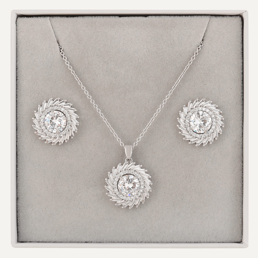 Circular Crystal & Cubic Zirconia Boxed Set In Silver-Tone