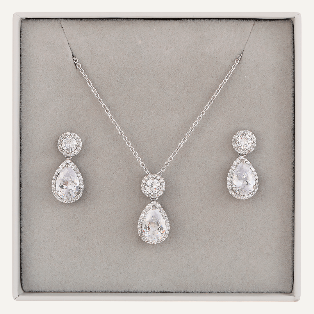 Teardrop Crystal & Cubic Zirconia Boxed Set In Silver-Tone