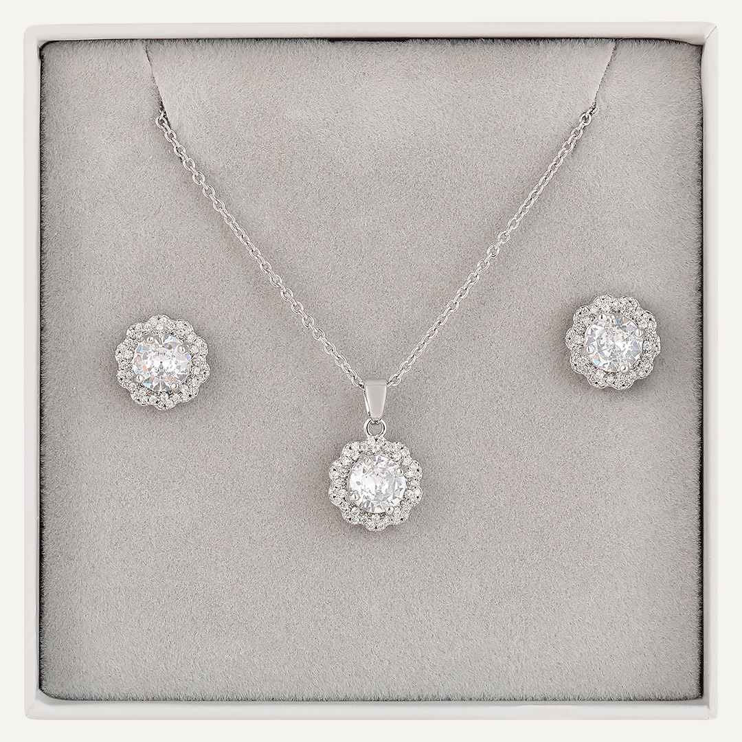 Classic Floral Crystal & Cubic Zirconia Boxed Set In Silver-Tone