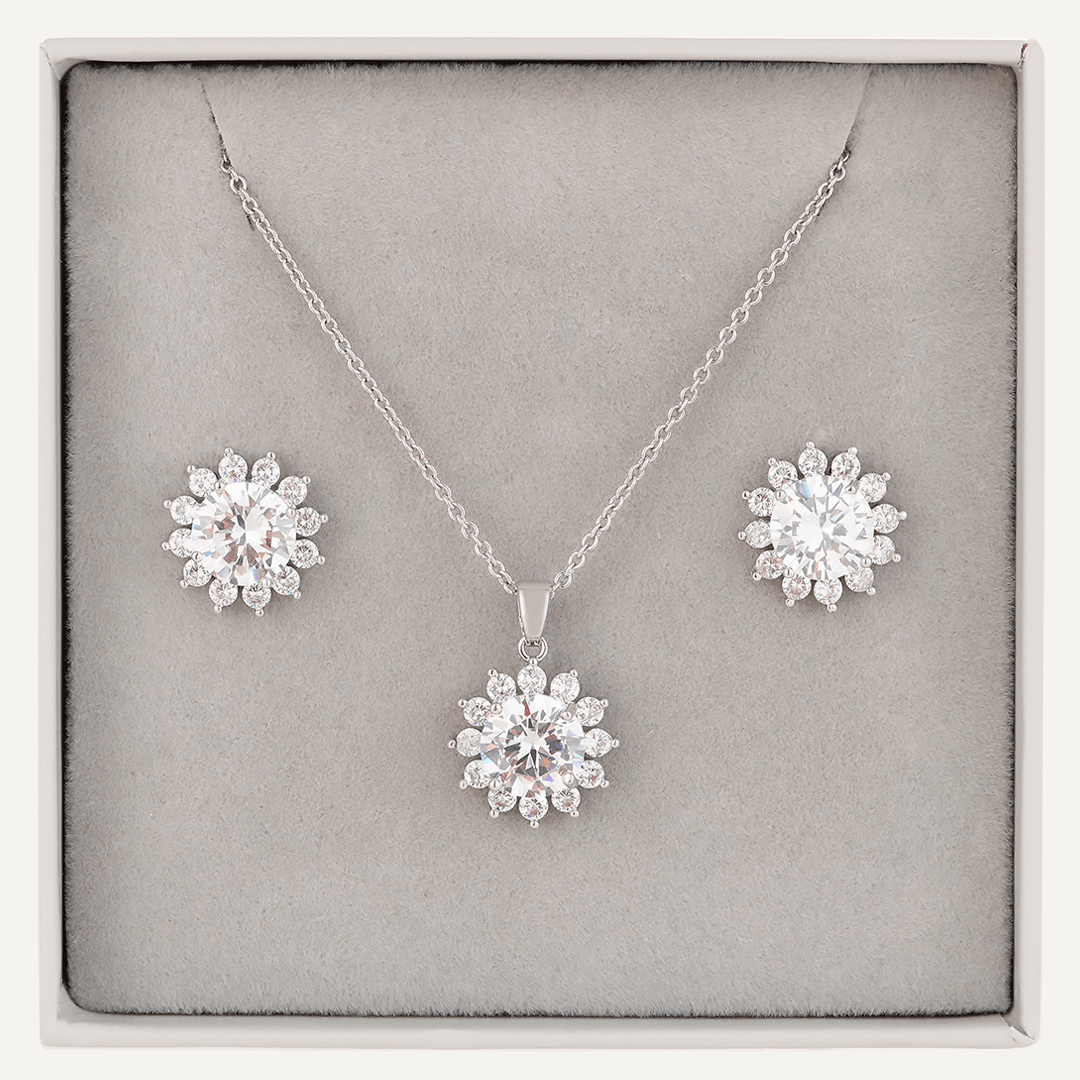 Elegant Floral Crystal & Cubic Zirconia Boxed Set In Silver-Tone