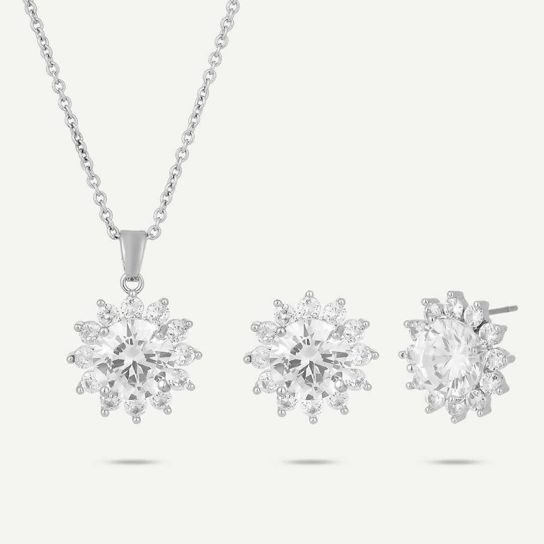 Elegant Floral Crystal & Cubic Zirconia Boxed Set In Silver-Tone