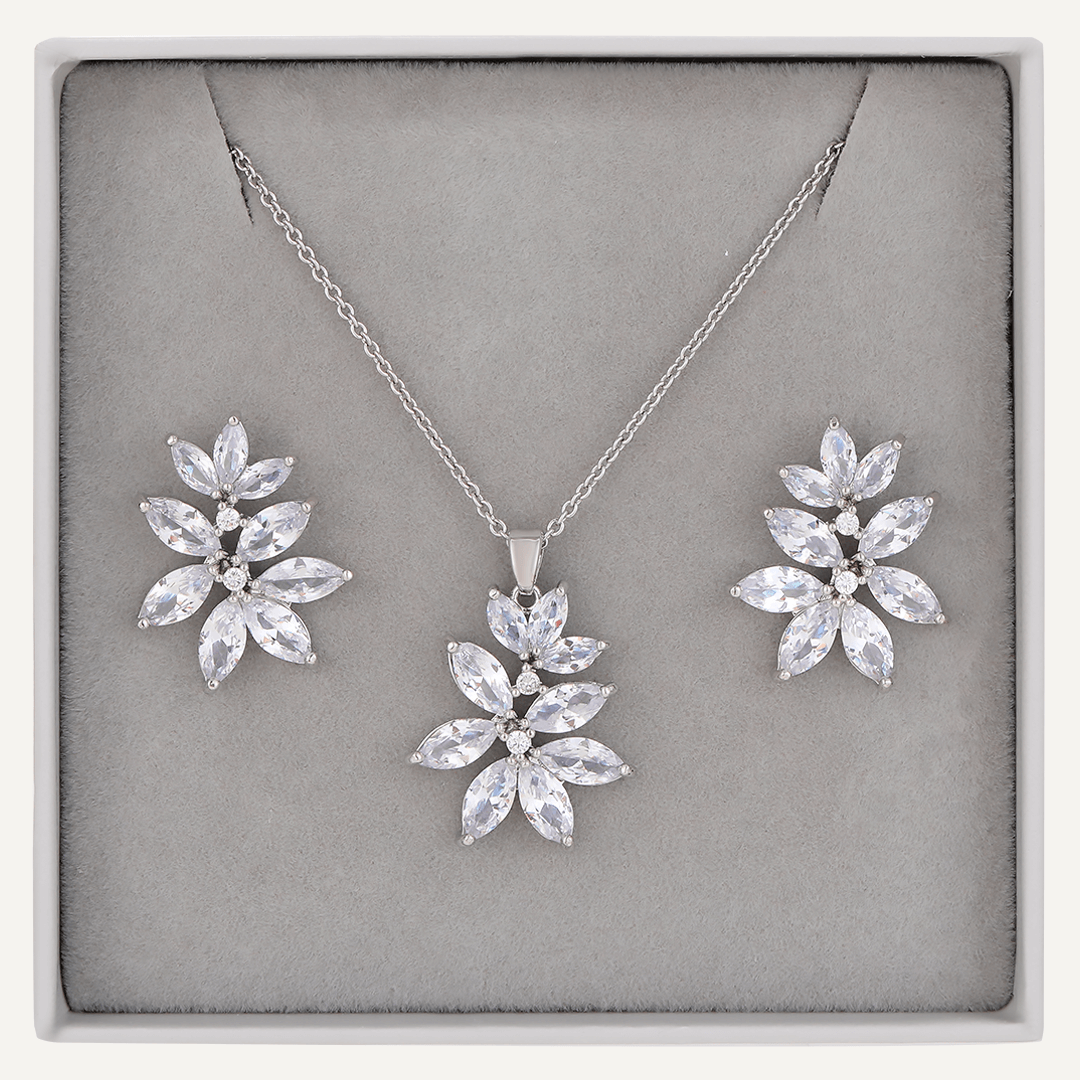 Stunning Floral Crystal & Cubic Zirconia Boxed Set In Silver-Tone