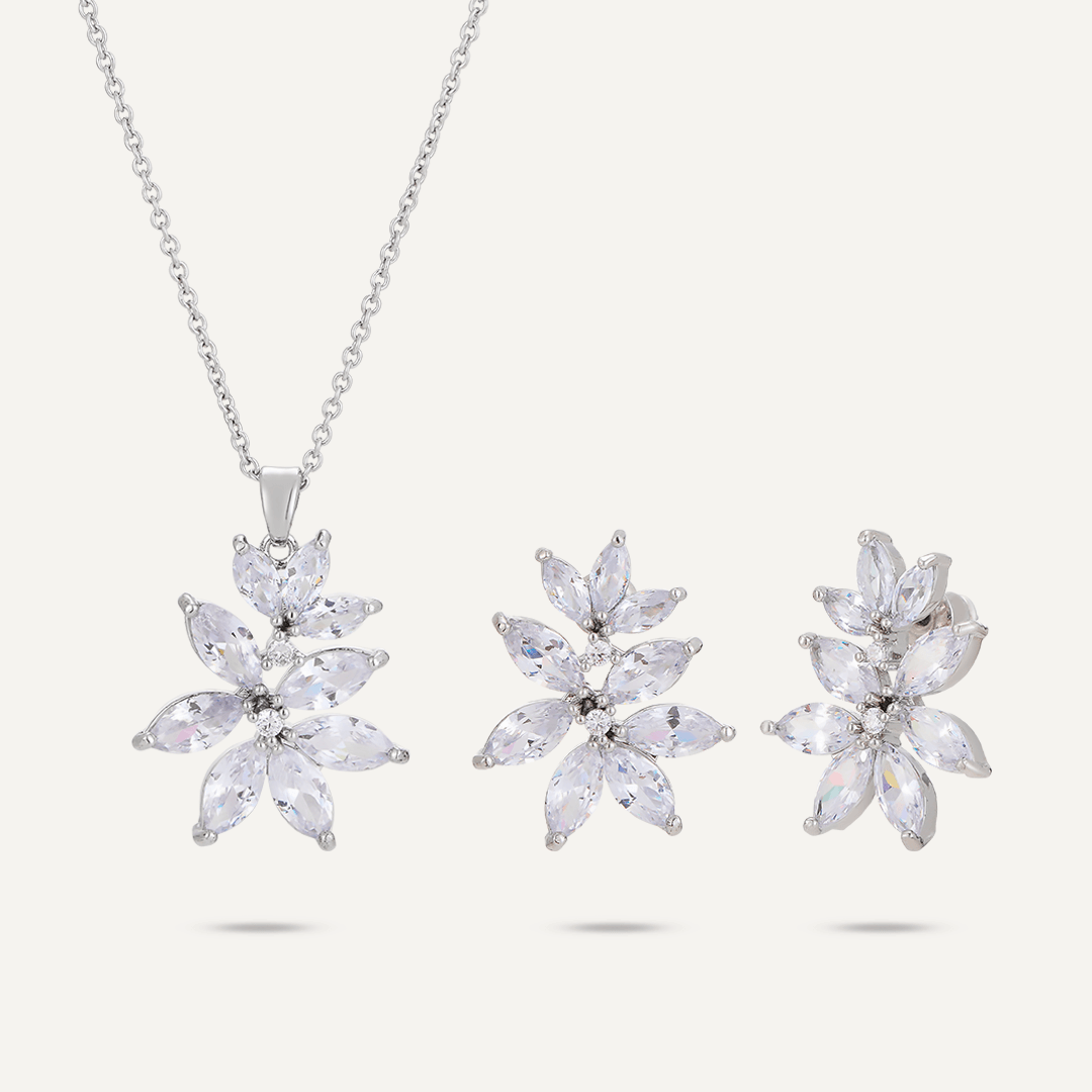 Stunning Floral Crystal & Cubic Zirconia Boxed Set In Silver-Tone