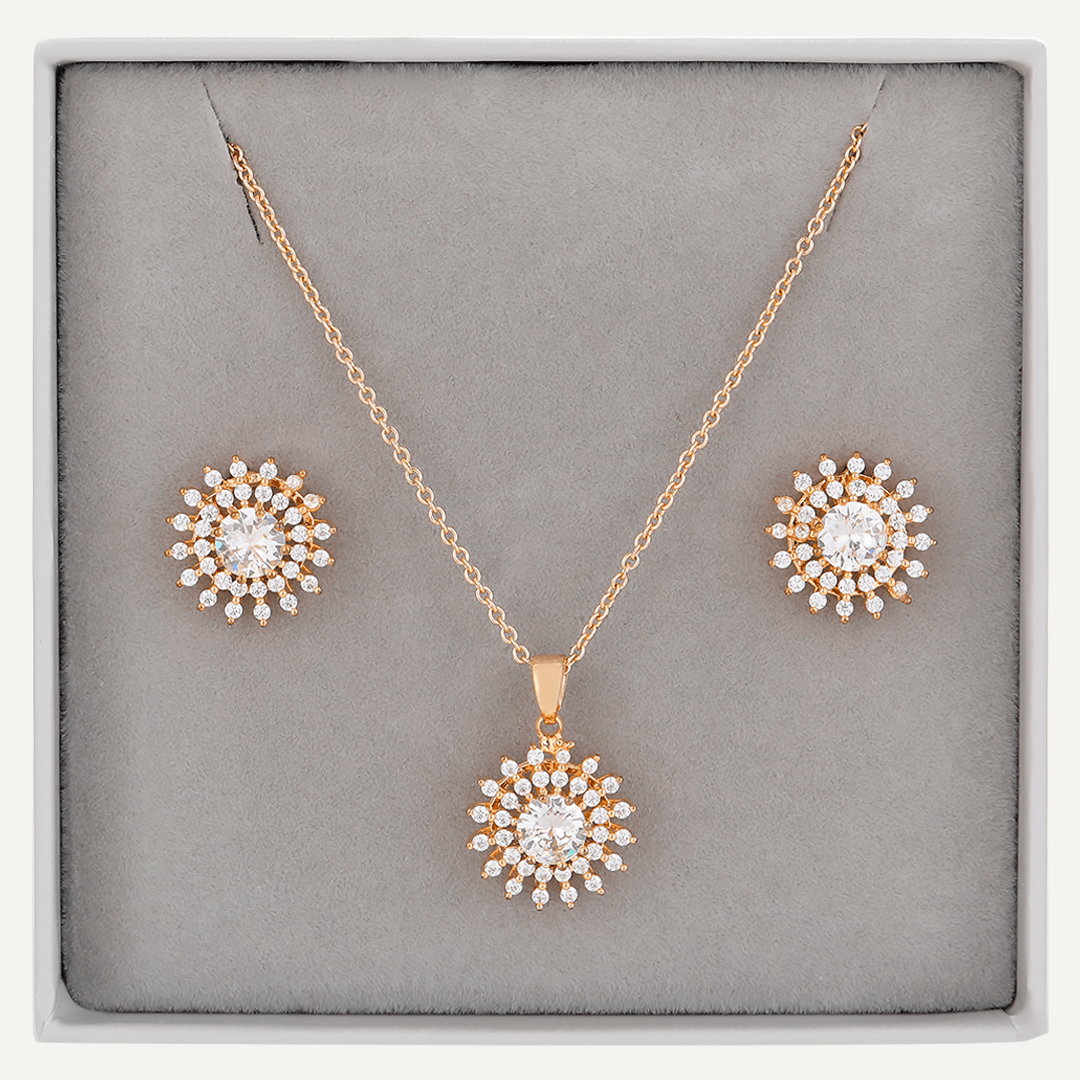 Detailed Floral Crystal & Cubic Zirconia Boxed Set In Gold-Tone