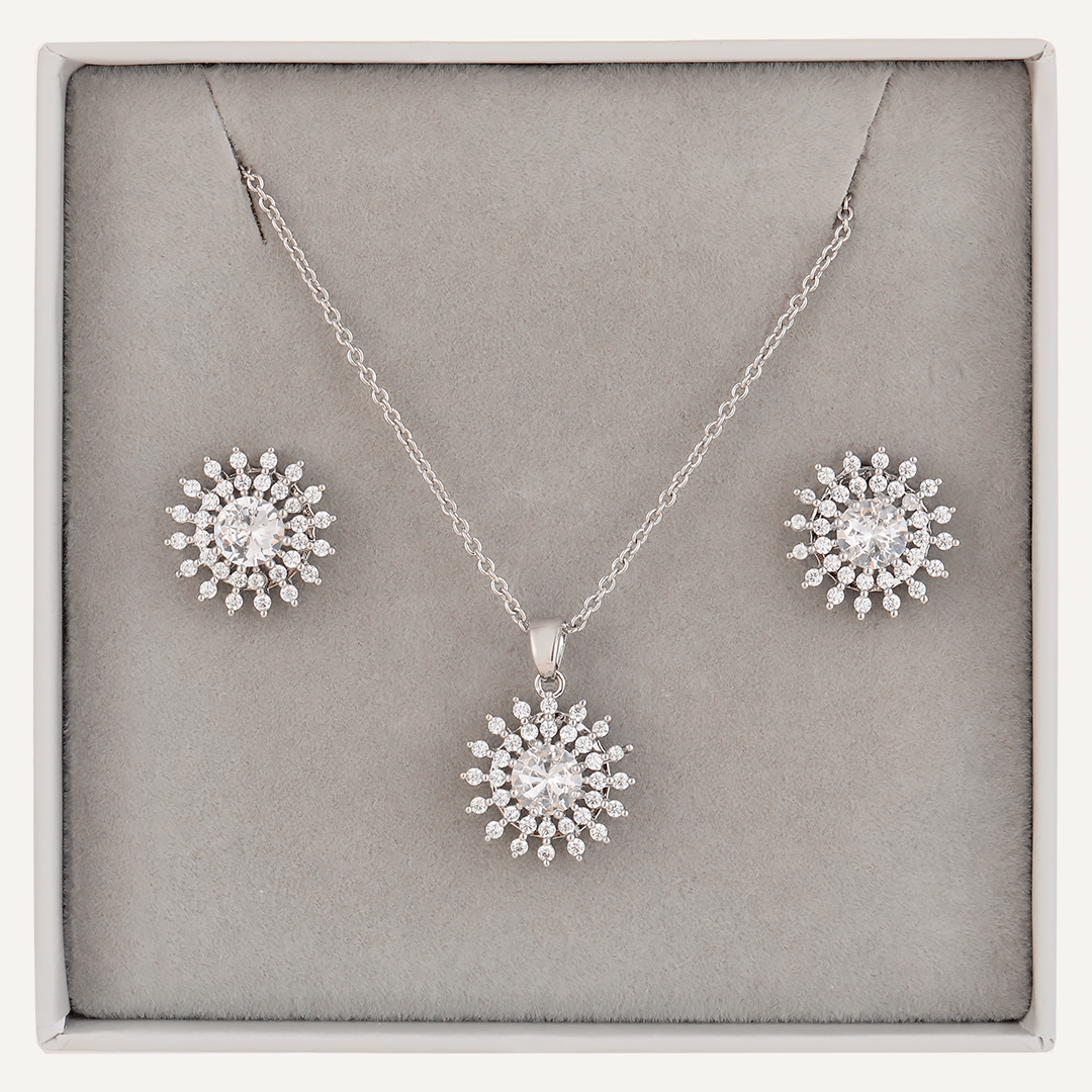 Detailed Floral Crystal & Cubic Zirconia Boxed Set In Silver-Tone