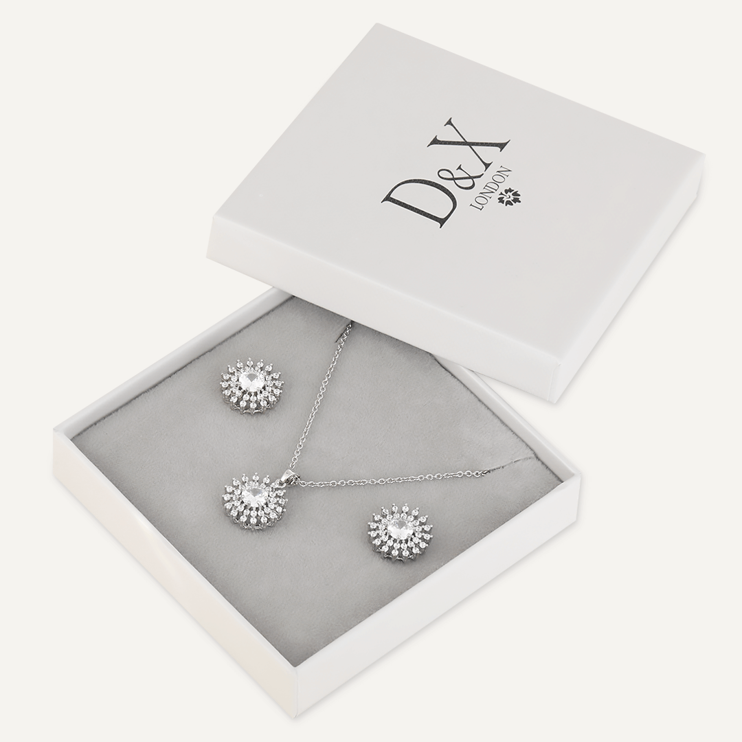 Detailed Floral Crystal & Cubic Zirconia Boxed Set In Silver-Tone