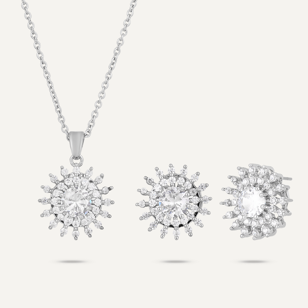 Detailed Floral Crystal & Cubic Zirconia Boxed Set In Silver-Tone