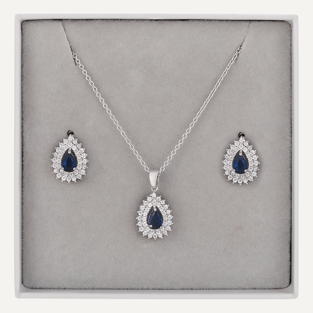 Teardrop Blue Crystal & Cubic Zirconia Boxed Set In Silver-Tone