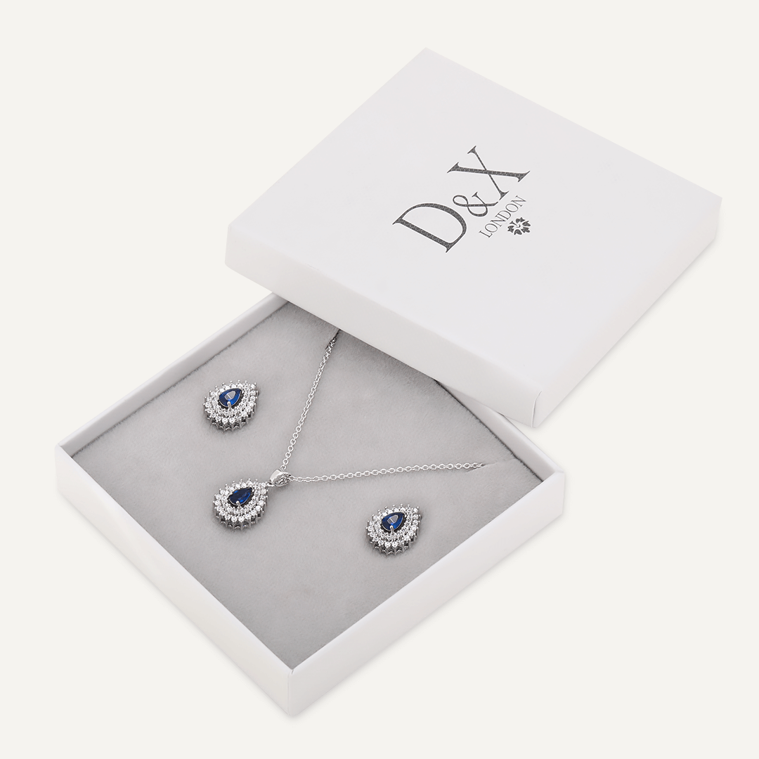 Teardrop Blue Crystal & Cubic Zirconia Boxed Set In Silver-Tone