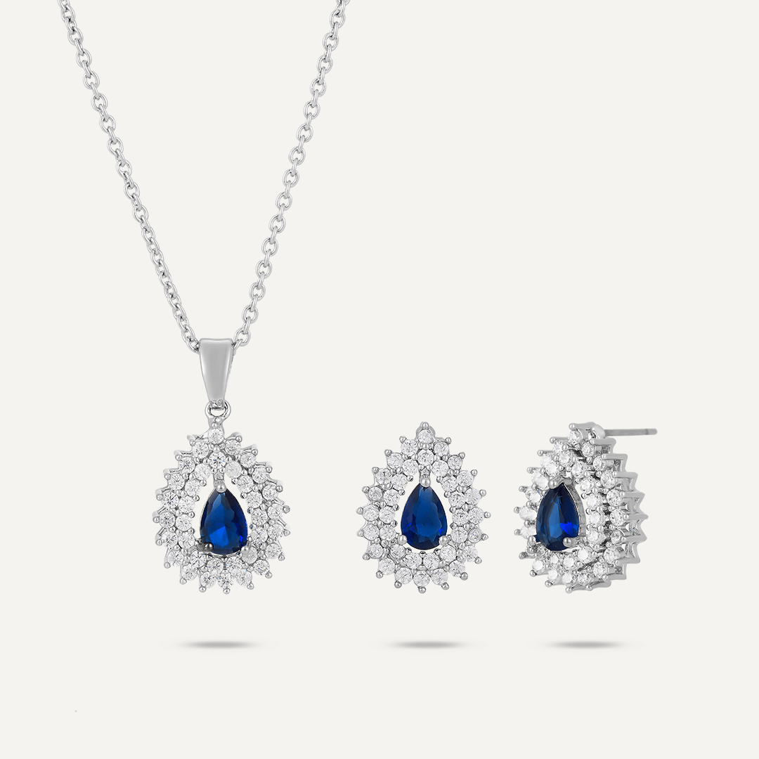 Teardrop Blue Crystal & Cubic Zirconia Boxed Set In Silver-Tone