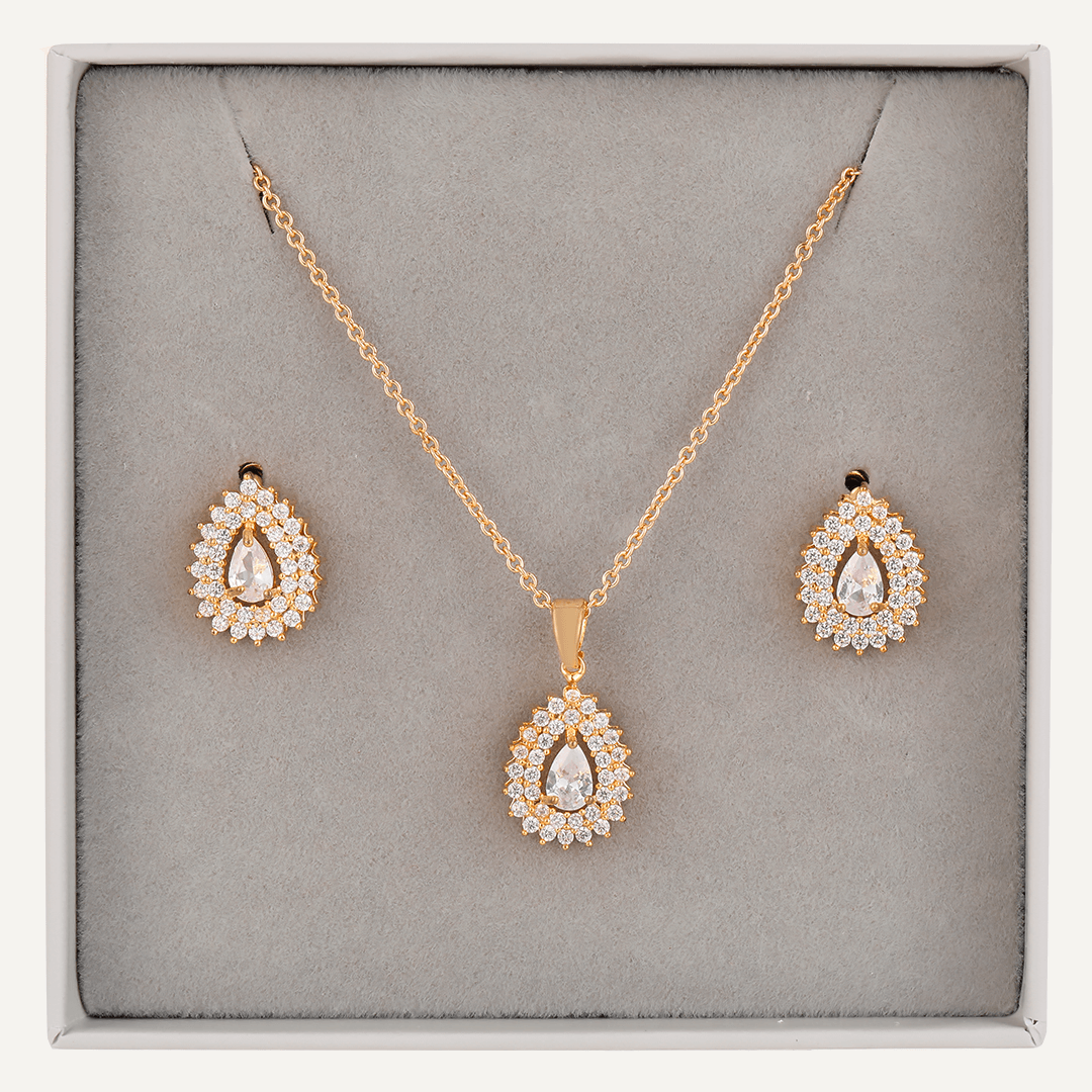 Detailed Teardrop Crystal & Cubic Zirconia Boxed Set In Gold-Tone