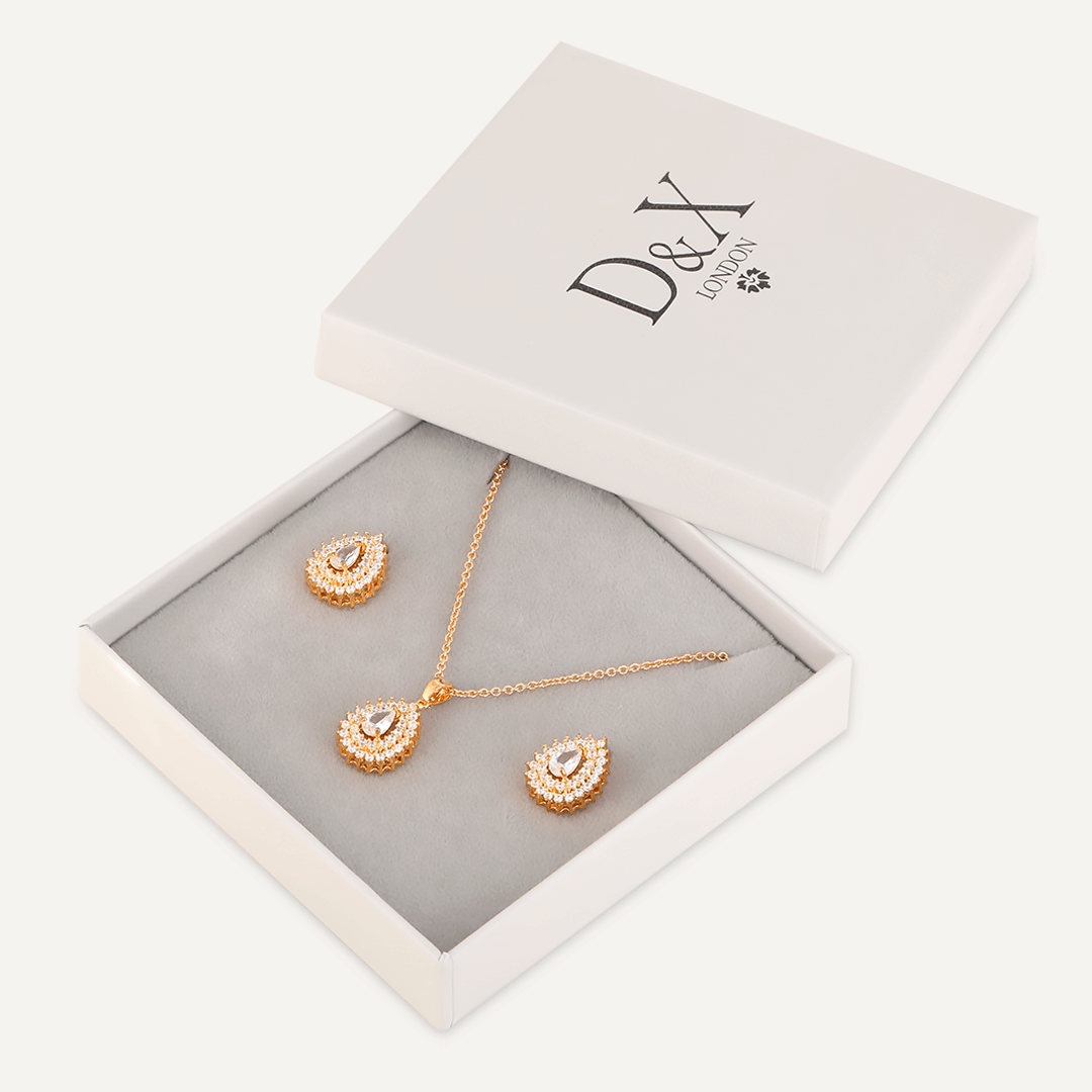 Detailed Teardrop Crystal & Cubic Zirconia Boxed Set In Gold-Tone