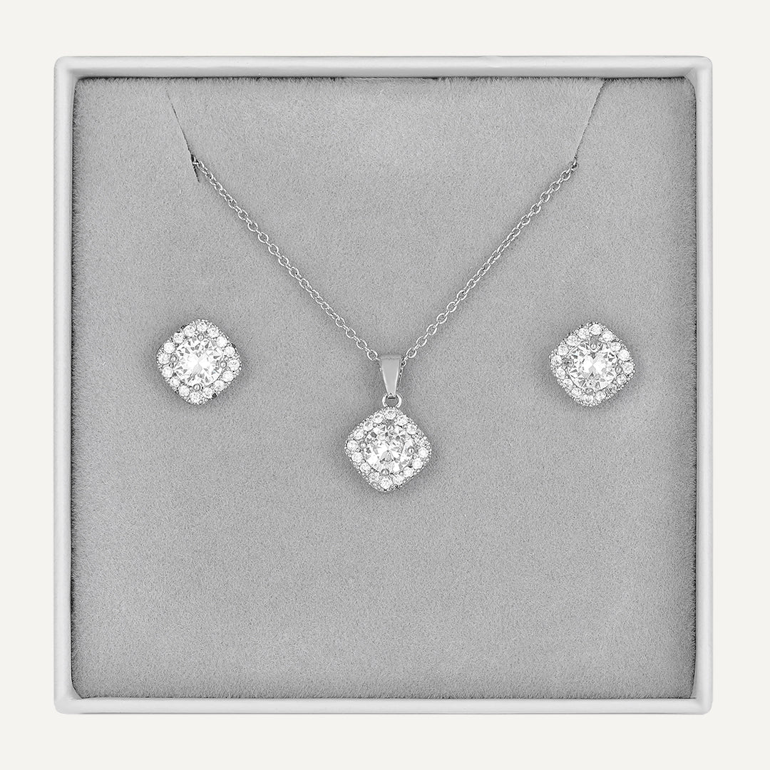 Classic Cushion Cut Halo Jewelry Set In Silver-Tone