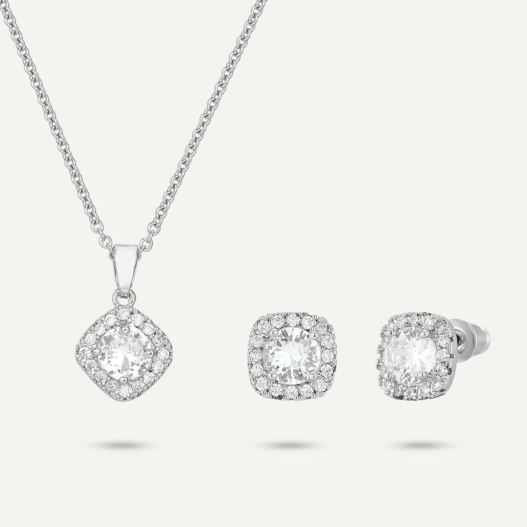 Classic Cushion Cut Halo Jewelry Set In Silver-Tone