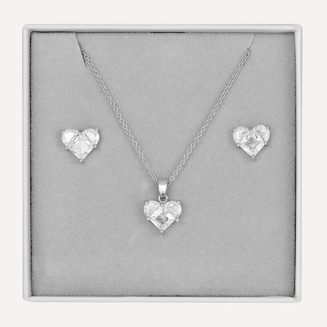 Heart-Cut Crystal Jewelry Set In Silver-Tone