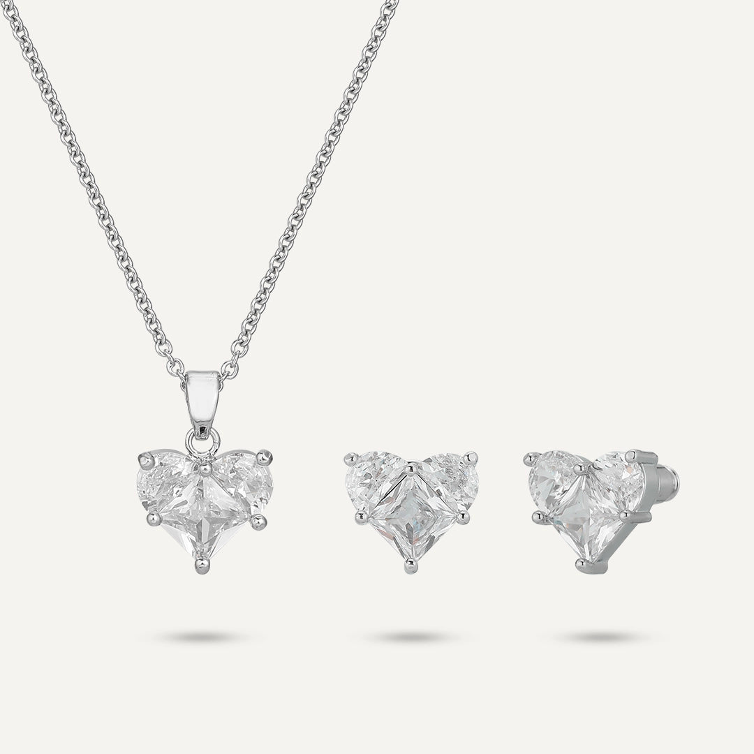 Heart-Cut Crystal Jewelry Set In Silver-Tone