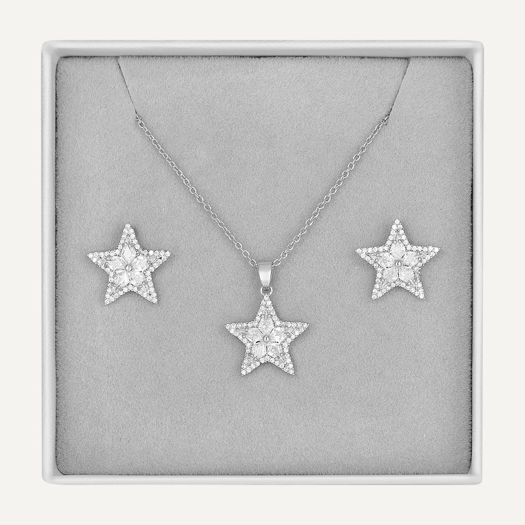 Star Crystal Jewelry Set In Silver-Tone