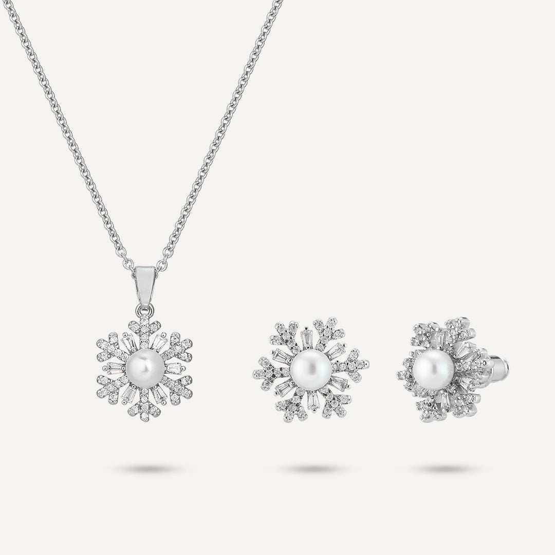 Pearl Snowflake Jewelry Set In Silver-Tone