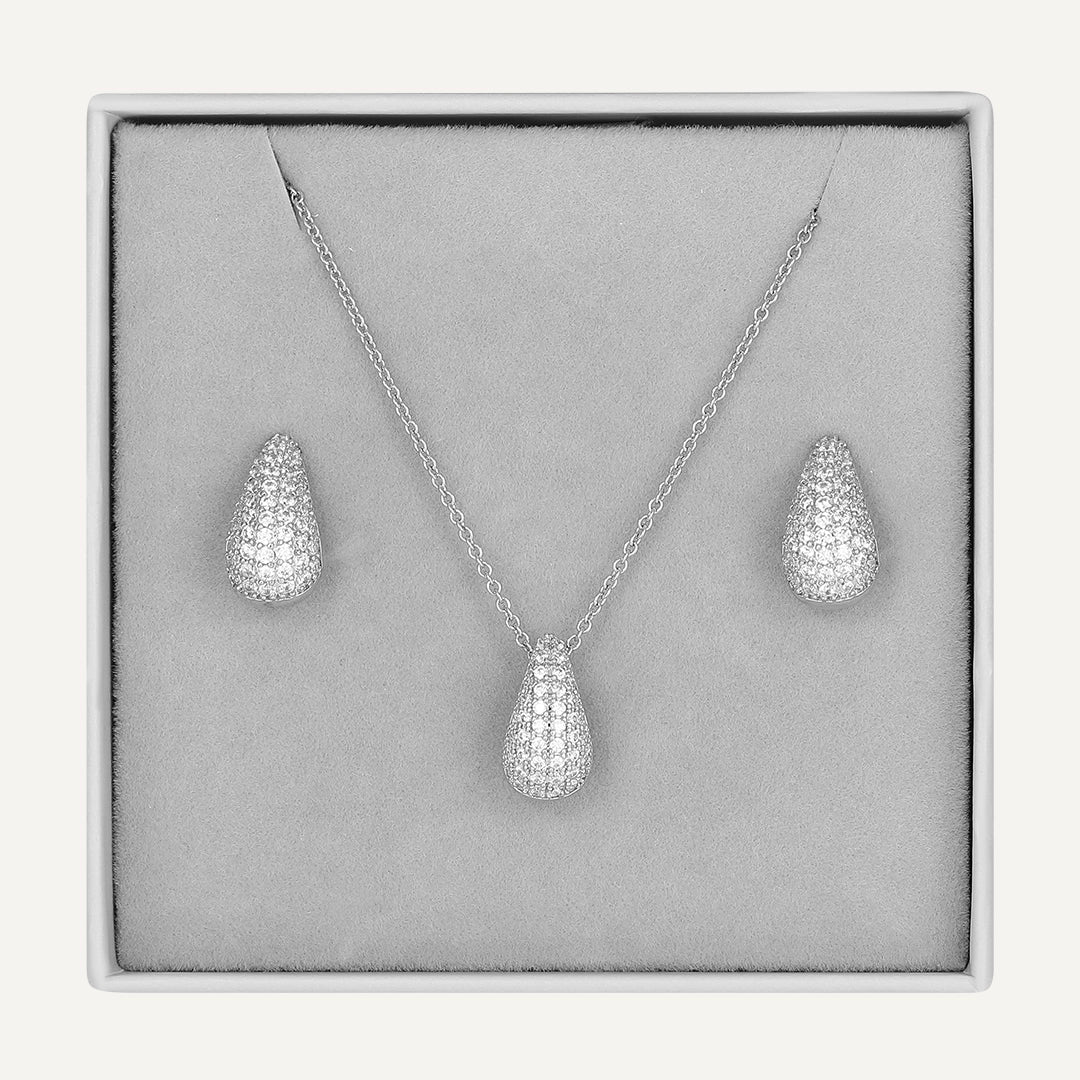 Crystal Teardrop Jewelry Set In Silver-Tone