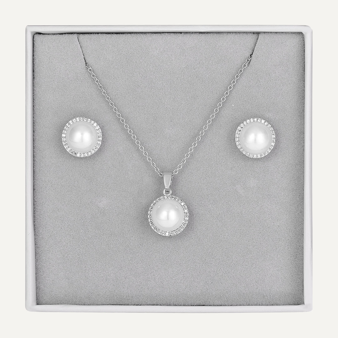 Classic Pearl Halo Jewelry Set In Silver-Tone