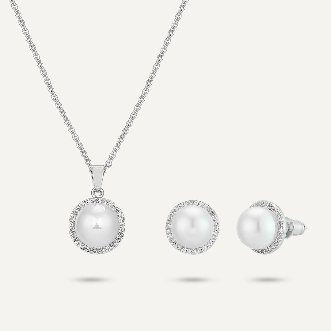 Classic Pearl Halo Jewelry Set In Silver-Tone