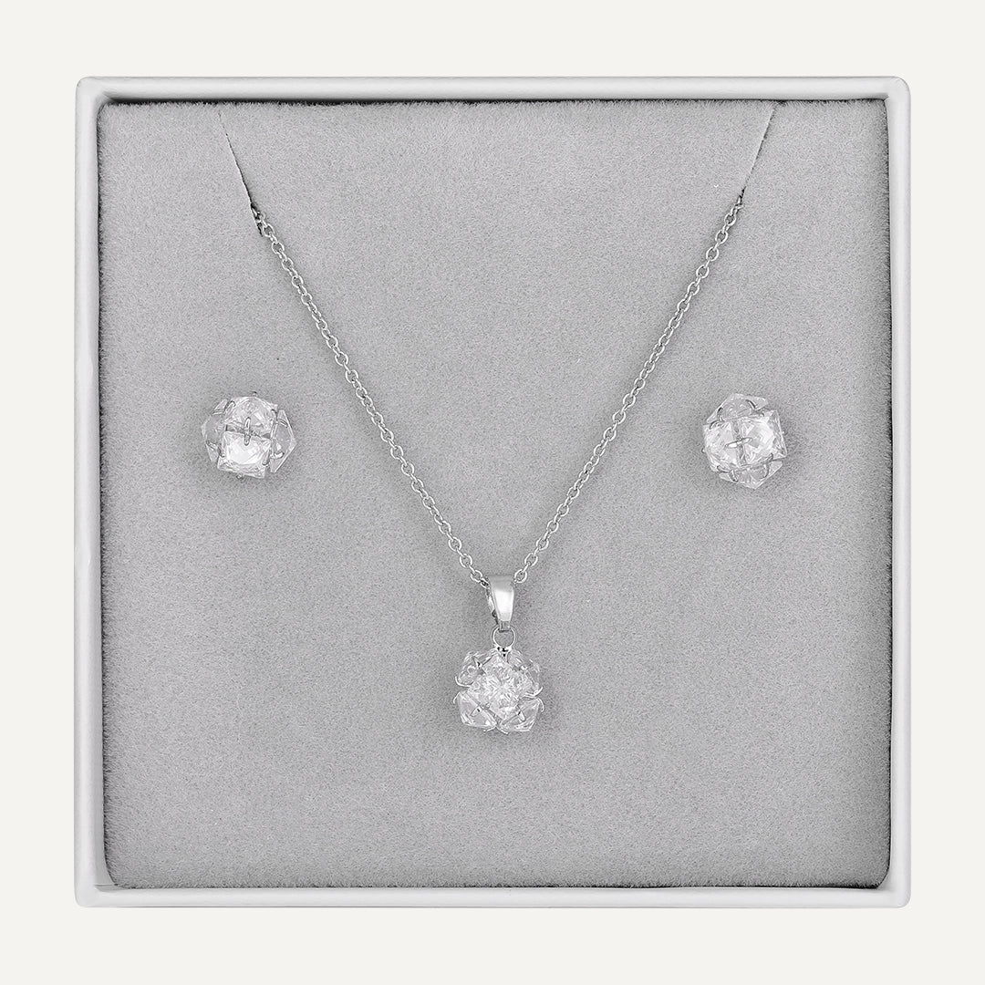 Crystal Cluster Jewelry Set In Silver-Tone