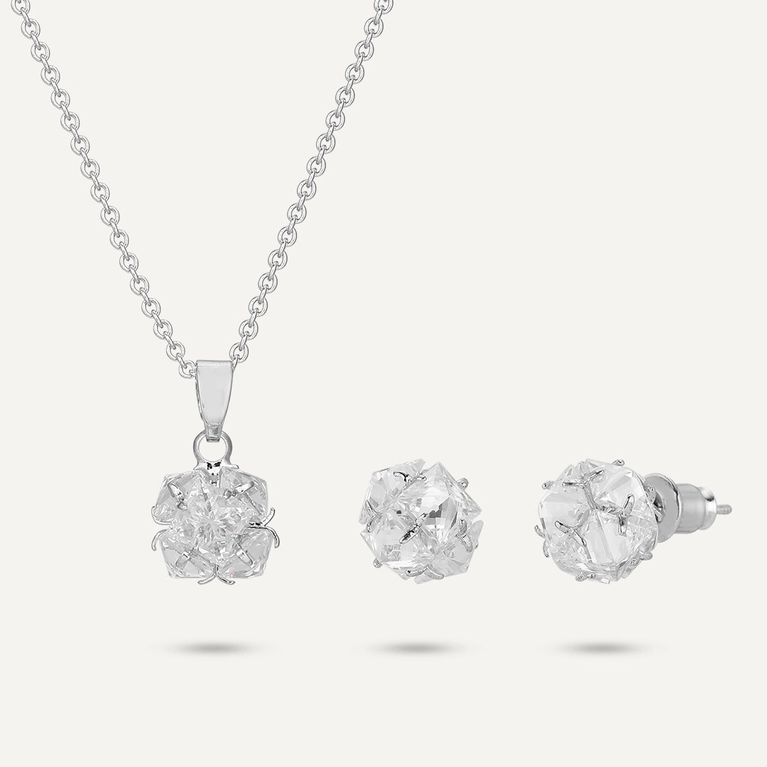 Crystal Cluster Jewelry Set In Silver-Tone