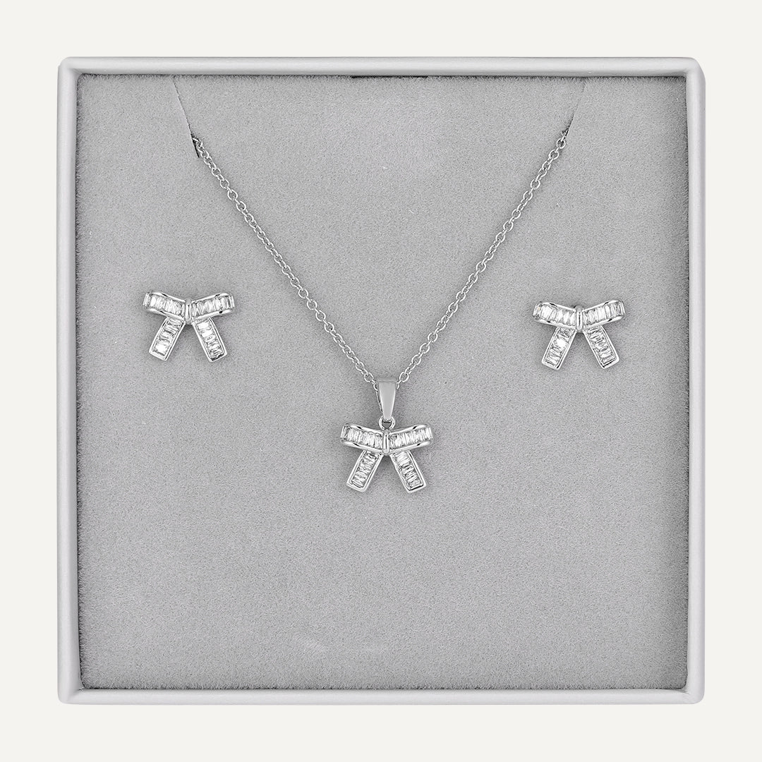 Classic Baguette Bow Jewelry Set In Silver-Tone