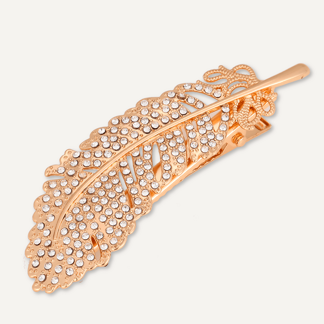 Crystal Feather Hair Clip In Gold-Tone