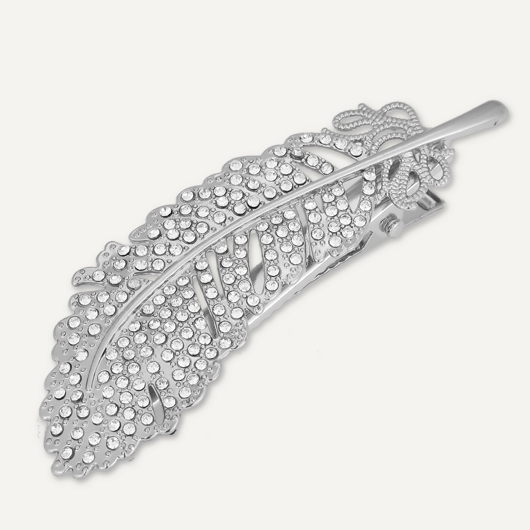 Crystal Feather Hair Clip In Silver-Tone