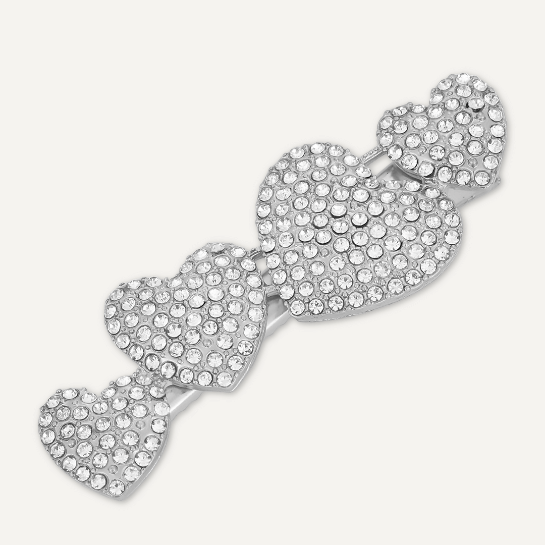 Crystal Hearts Hair Clip In Silver-Tone