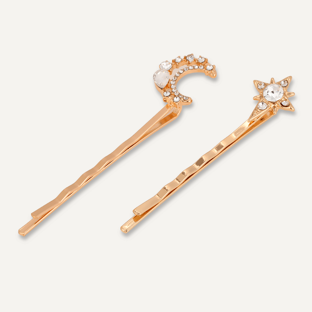 Moon and Star Crystal Hair Slides In Gold-Tone