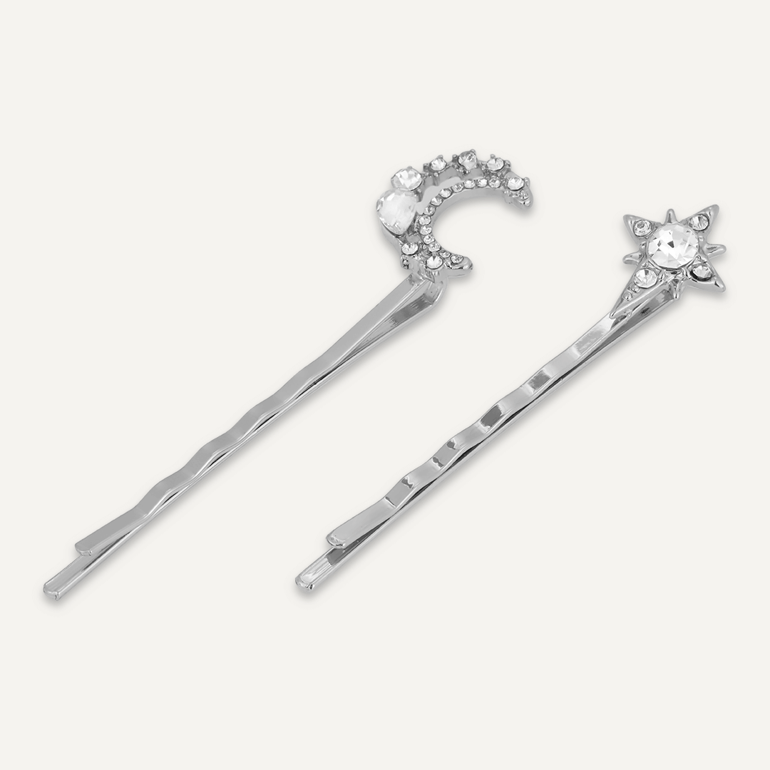 Moon and Star Crystal Hair Slides In Silver-Tone