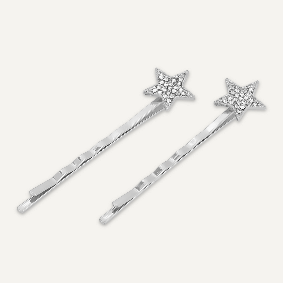 Crystal Star Hair Slides In Silver-Tone