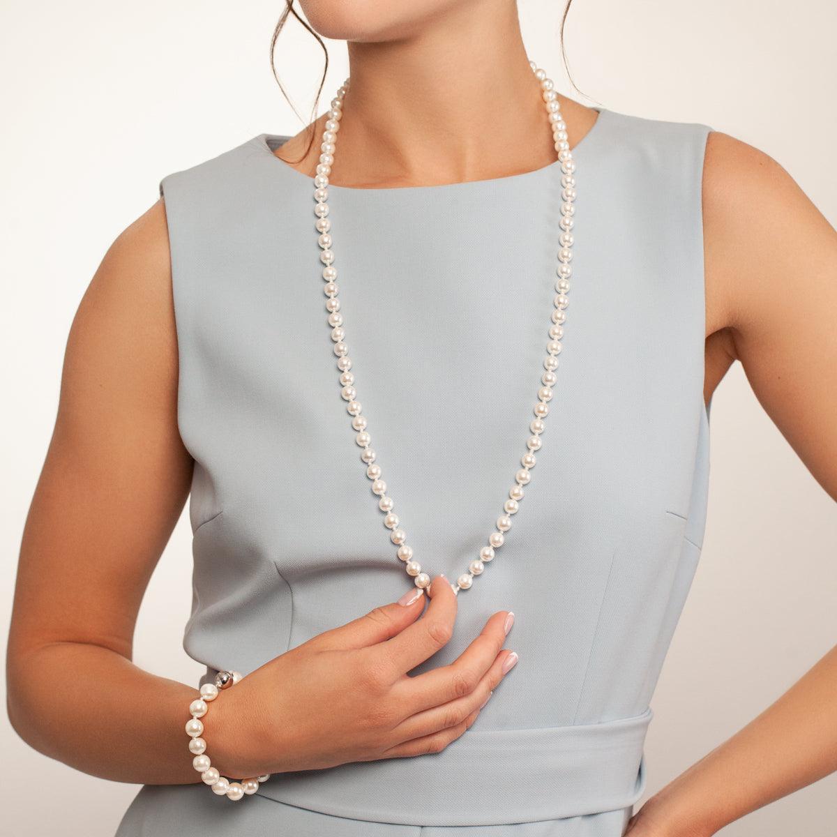 Model wearing - Audrey Mother of Pearl Classic Long Beaded Necklace