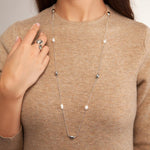 Model wearing Audrey Rhodium Silver Fresh Water Pearl Necklace