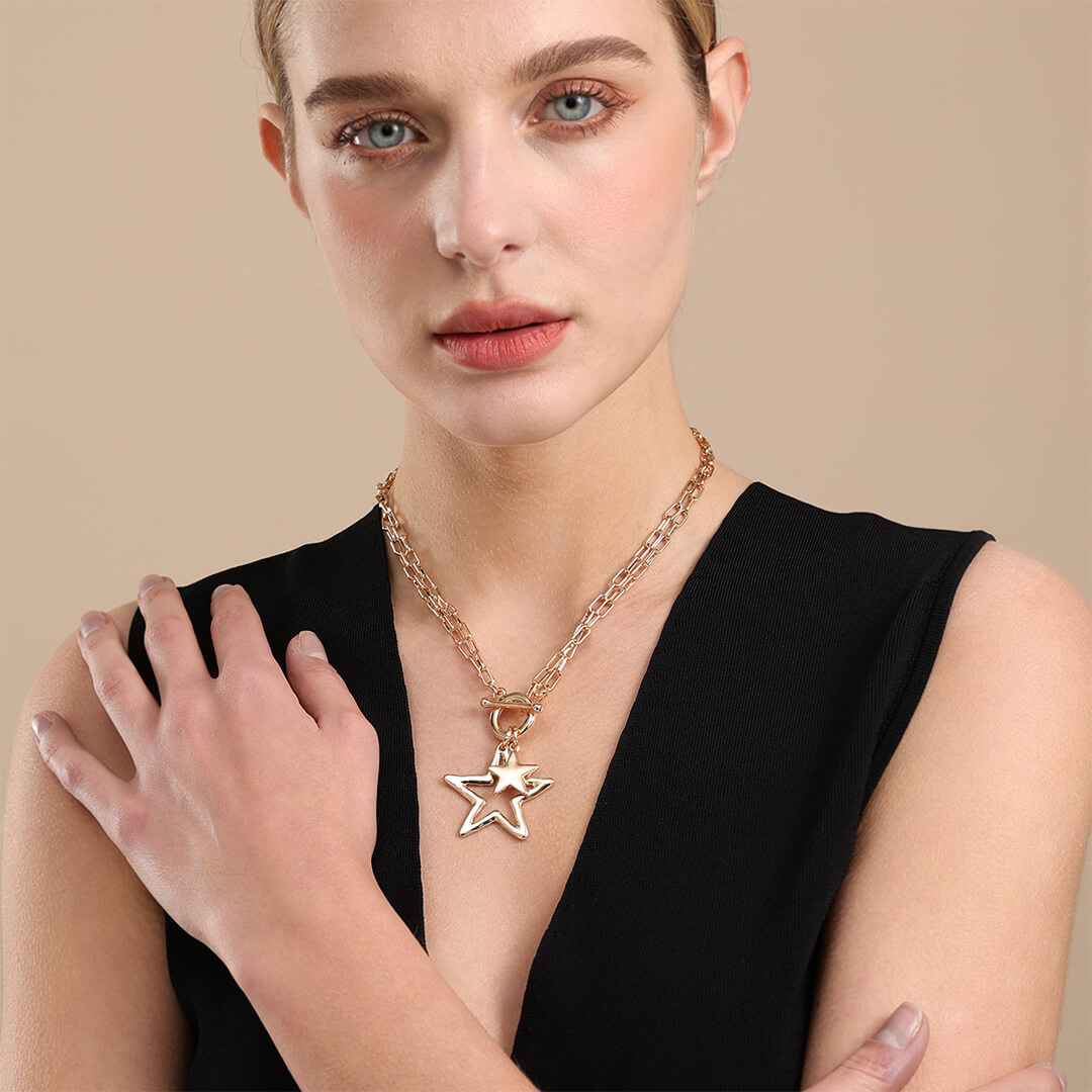 Eternal Double Star Pendant Chain-Link Necklace In Gold-Tone