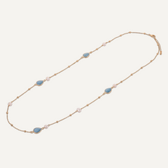 Long Cerulean & Pearl Crystal Stone Gold Necklace - D&X Retail
